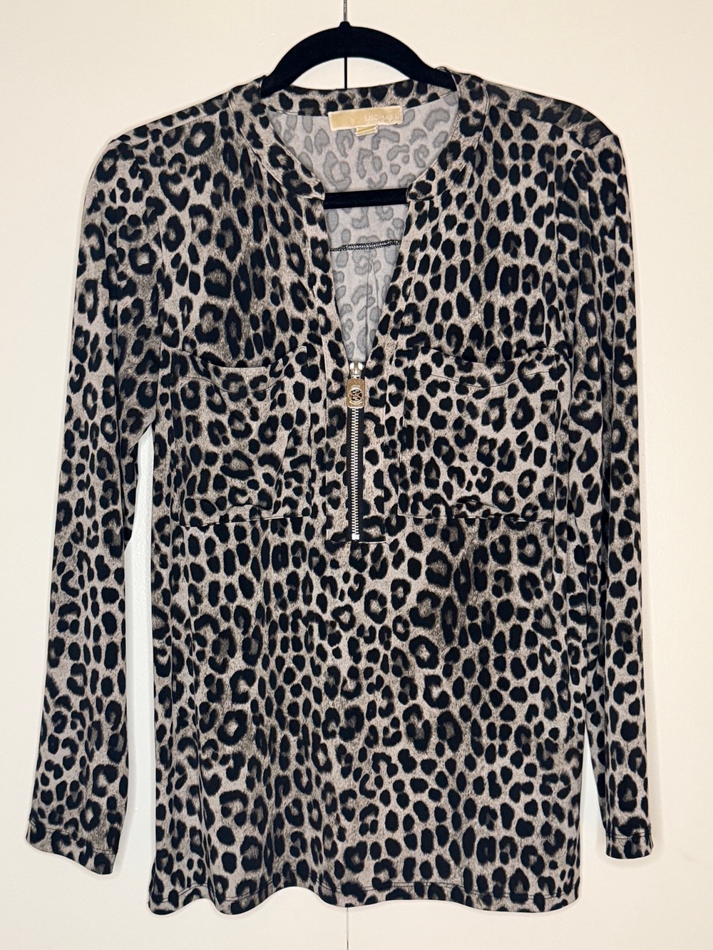 Michael Kors Leopard Print Long Sleeve Zip-Front Women's Top